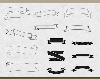 Puede incluir: Un conjunto de 14 ilustraciones de banners de cinta en blanco y negro. Las cintas son de varias formas y tamaños, incluyendo curvas, rectas y anguladas. El texto "RIBBON BANNER" y "14 SVG+PNG" está en la parte superior de la imagen. El texto "LEAVE A REVIEW AND GET AN EXTRA BUNDLE FOR FREE!" está en la parte inferior de la imagen.