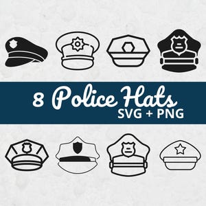 Può includere: Un set grafico digitale che presenta otto icone in bianco e nero di vari cappelli della polizia disposti su due file. Il testo 8 Police Hats SVG + PNG è centrato in una fascia orizzontale blu scuro tra le due file di illustrazioni.