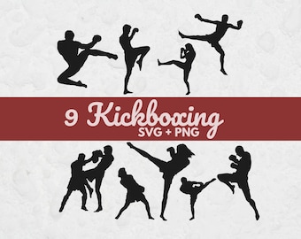 May include: A digital graphic featuring nine black silhouettes of kickboxing poses. The figures are engaged in various dynamic movements, including kicks and punches. A red banner across the image reads "9 Kickboxing SVG + PNG".