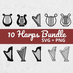 Harp SVG Bundle, Harp Silhouette SVG for Cricut, Angel Harp Clipart PNG, Musical Instrument Cut File, String Instrument svg