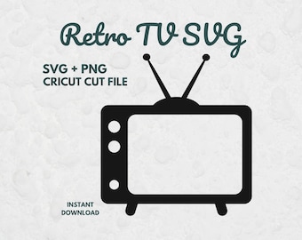May include: A black graphic illustration of a vintage television set with two antennas and three circular knobs on the left side. The text reads Retro TV SVG, SVG + PNG, CRICUT CUT FILE, and INSTANT DOWNLOAD in dark green and black lettering.