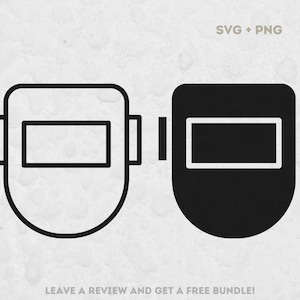 May include: A black and white illustration of a welding mask. The mask is shown in both a filled-in black version and an outline version.