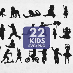 Bundel met SVG-silhouetten van kinderen, SVG-bestanden van kinderen, clipart van spelende kinderen, Cricut-snijbestanden, ontwerp voor een verjaardagsshirt, SVG-bestanden voor de kinderkamer, commercieel gebruik.