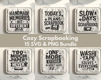 May include: A collection of six square white fabric pot holders featuring black printed text and graphics related to scrapbooking, including phrases like Handmade Memories Hit Different, Today's Plans: Scrapbook, and Washi Tape Solves Everything.