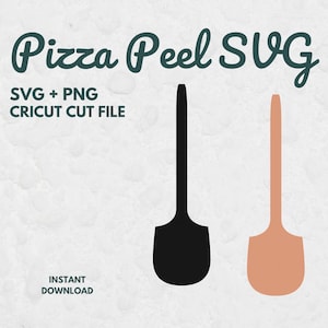 Könnte beinhalten: Ein digitales Design mit zwei Pizzaschieber-Silhouetten, eine schwarze und eine pfirsichfarbene. Der Text "Pizza Peel SVG" ist in dunkler türkisfarbener Schrift, mit zusätzlichem Text, der die SVG- und PNG-Dateiformate angibt, und "Sofort-Download."