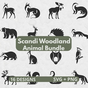 Könnte beinhalten: Eine Sammlung von 16 schwarzen Silhouetten-Symbolen mit verschiedenen Waldtieren wie Hirsch, Fuchs, Elch, Otter, Bär, Igel, Dachs, Hase, Specht, Eichhörnchen, Schwan und Wolf, mit dem Text Scandi Woodland Animal Bundle 16 DESIGNS SVG + PNG.