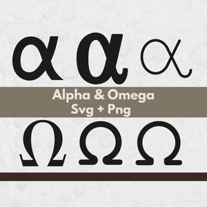 Könnte beinhalten: Eine digitale Grafik mit drei schwarzen Alpha-Symbolen in verschiedenen Stilen in der oberen Reihe und drei schwarzen Omega-Symbolen in verschiedenen Stilen in der unteren Reihe. Der Text "Alpha & Omega Svg + Png" ist auf einem braunen Band zentriert.