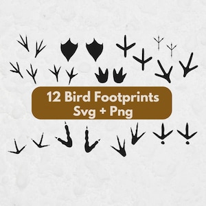 May include: A collection of twelve black bird footprint silhouettes arranged around a central brown rectangular label containing the white text 12 Bird Footprints Svg + Png. The various track shapes include webbed, clawed, and three-toed designs.