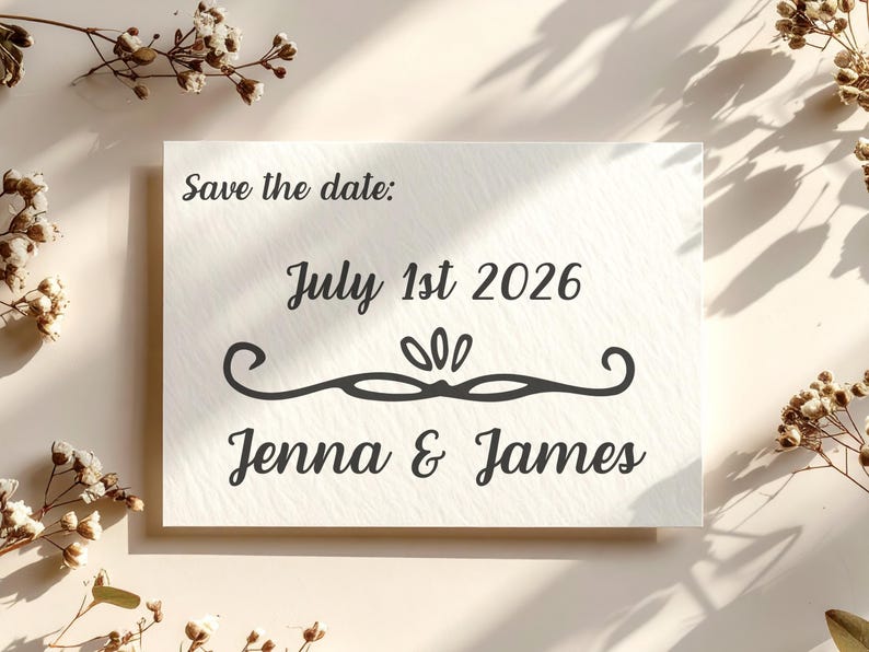 Puede incluir: Una tarjeta blanca con el texto "Save the date: July 1st 2026" en escritura negra. Debajo de la fecha hay un adorno decorativo, y los nombres "Jenna & James" est&aacute;n impresos en una escritura similar. La tarjeta est&aacute; rodeada de flores secas.