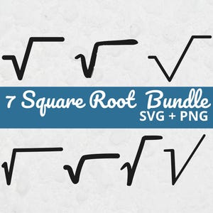 Könnte beinhalten: Sieben schwarze Quadratwurzelsymbole in verschiedenen Stilen. Auf einem blauen Banner steht "7 Square Root Bundle SVG + PNG", was auf ein digitales Produkt für mathematische oder pädagogische Zwecke hindeutet.