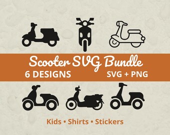 May include: A collection of six black scooter designs in various styles. The text "Scooter SVG Bundle" is displayed above an orange banner that reads "6 DESIGNS" and "SVG + PNG". Below the banner are the words "Kids • Shirts • Stickers".