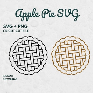 May include: An image featuring two apple pie designs, one black and one brown, with a lattice crust pattern. The text "Apple Pie SVG" is at the top, with "SVG + PNG CRICUT CUT FILE" and "INSTANT DOWNLOAD" also visible.