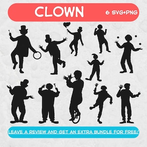 Paquete SVG de payaso de circo, archivos SVG para Cricut, silueta de payaso, imágenes prediseñadas de payaso, SVG de circo, archivos de corte de payaso, silueta de payaso, PNG de payaso