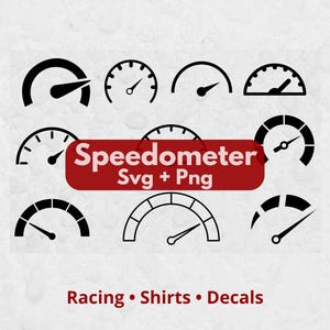 May include: A collection of eleven black speedometer and gauge icons arranged in a grid. A red rectangular banner across the center displays the white text Speedometer Svg + Png, with the red text Racing • Shirts • Decals positioned below.