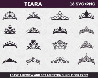 Puede incluir: Un conjunto de 16 archivos SVG y PNG de tiaras en blanco y negro. Las tiaras son de varios estilos, incluyendo simples, ornamentadas y caprichosas.