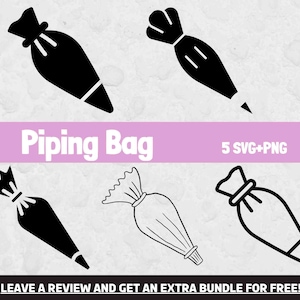 May include: Five black and white illustrations of piping bags for baking and decorating. The illustrations are in a variety of styles, including a simple outline, a filled-in design, and a more detailed design with a star tip.