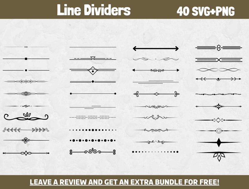 Puede incluir: Una colecci&oacute;n de 40 divisores de l&iacute;nea negros en varios estilos decorativos, incluyendo dise&ntilde;os punteados, de flecha y geom&eacute;tricos. La imagen incluye el texto "Line Dividers" y "40 SVG+PNG". La parte inferior de la imagen dice "LEAVE A REVIEW AND GET AN EXTRA BUNDLE FOR FREE!"