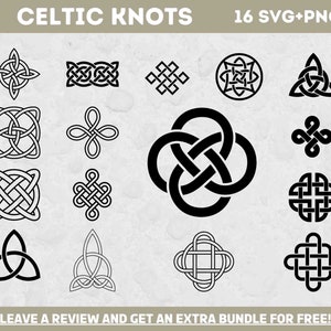 Puede incluir: Un conjunto de 16 diseños de nudos celtas en blanco y negro. Los diseños son intrincados y detallados, y son perfectos para usar en manualidades, scrapbooking o diseño digital. El texto "CELTIC KNOTS" y "16 SVG+PNG" está en la parte superior de la imagen. El texto "LEAVE A REVIEW AND GET AN EXTRA BUNDLE FOR FREE!" está en la parte inferior de la imagen.