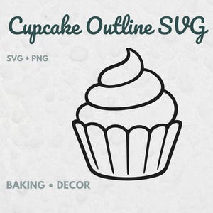 May include: A black line art illustration of a cupcake with a swirled frosting top and a pleated liner. The text reads Cupcake Outline SVG, SVG + PNG, and BAKING • DECOR. The design is presented as a digital graphic file for creative projects.