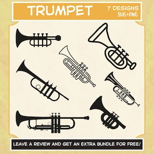 Trumpet SVG Bundle, Svg files for Cricut, Trumpet Silhouette, Trumpet PNG, Trumpet Clipart, Music Svg, Marching band clipart, Jazz svg