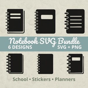 May include: A collection of six black notebook designs in a bundle. The notebooks are shown in various styles, including spiral-bound and with horizontal lines. Text includes "Notebook SVG Bundle" and "6 Designs". Keywords: School, Stickers, Planners.