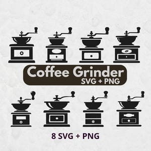 Puede incluir: Una colección de ocho iconos de silueta negra de molinillos de café manuales con manivela, dispuestos en dos filas. El texto Coffee Grinder SVG + PNG está centrado en un rectángulo marrón oscuro, con 8 SVG + PNG impreso debajo.