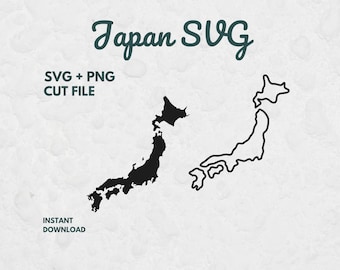 May include: A digital graphic file featuring the text Japan SVG, SVG + PNG CUT FILE, and INSTANT DOWNLOAD. The image displays two black illustrations of the Japanese archipelago: one is a solid silhouette and the other is a simple line outline.