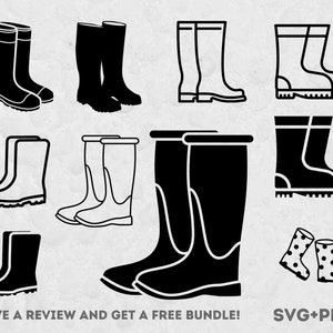 Könnte beinhalten: Ein Satz von 10 Schwarzweiß-Vektorillustrationen von Gummistiefeln. Die Stiefel sind in verschiedenen Ausführungen, darunter hoch, niedrig und mit verschiedenen Sohlenarten. Die Illustrationen eignen sich perfekt für den Einsatz in digitalen Projekten wie Websites, sozialen Medien und Druckmaterialien.