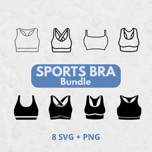 May include: A digital graphic bundle featuring eight sports bra icons in both outline and solid black styles. The central blue rectangular label displays the white text SPORTS BRA Bundle, with the bottom text reading 8 SVG + PNG.