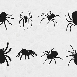 Peut inclure: Huit silhouettes noires de diff&eacute;rentes araign&eacute;es sur un fond gris clair textur&eacute;. Les araign&eacute;es pr&eacute;sentent des formes vari&eacute;es, certaines plus r&eacute;alistes, d'autres stylis&eacute;es. L'image pr&eacute;sente diverses poses d'araign&eacute;es.