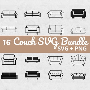Op de afbeelding: Een verzameling van 16 bank SVG-ontwerpen in zwart en wit. De afbeelding bevat verschillende bankstijlen, van klassiek tot modern, met de tekst "16 Couch SVG Bundle SVG + PNG" op een bruine banner.