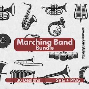 May include: A collection of black silhouette illustrations of musical instruments including a trumpet, saxophone, cymbals, drums, flute, clarinet, and tuba. The image features the text Marching Band Bundle and 30 Designs SVG + PNG.