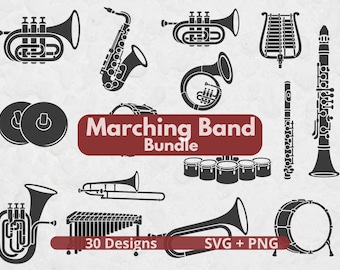 Könnte beinhalten: Eine Sammlung schwarzer Silhouetten-Illustrationen von Musikinstrumenten, darunter Trompete, Saxophon, Becken, Trommeln, Flöte, Klarinette und Tuba. Das Bild enthält den Text Marching Band Bundle und 30 Designs SVG + PNG.