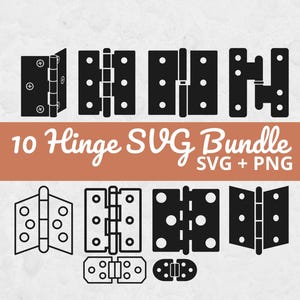 Könnte beinhalten: Eine Sammlung von zehn schwarzen Scharnierdesigns in verschiedenen Stilen, präsentiert als SVG-Bundle. Das Bild zeigt verschiedene Scharniertypen mit sichtbaren Schraubenlöchern und den Text "10 Hinge SVG Bundle SVG + PNG".