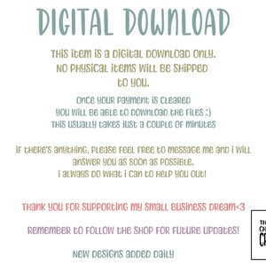 Peut inclure: Texte graphique de t&eacute;l&eacute;chargement num&eacute;rique avec les mots &laquo;&nbsp;DIGITAL DOWNLOAD&nbsp;&raquo; en bleu sarcelle. Le texte est en &eacute;criture manuscrite. Le texte ci-dessous est en brun et dit &laquo;&nbsp;Cet article est un t&eacute;l&eacute;chargement num&eacute;rique uniquement. Aucun article physique ne sera exp&eacute;di&eacute;.&nbsp;&raquo; Le texte ci-dessous dit &laquo;&nbsp;Une fois votre paiement effectu&eacute;, vous pourrez t&eacute;l&eacute;charger les fichiers&nbsp;:) Cela prend g&eacute;n&eacute;ralement quelques minutes.&nbsp;&raquo; Le texte ci-dessous dit &laquo;&nbsp;Si vous avez besoin de quoi que ce soit, n'h&eacute;sitez pas &agrave; me contacter et je vous r&eacute;pondrai d&egrave;s que possible. Je fais toujours de mon mieux pour vous aider&nbsp;!&nbsp;&raquo; Le texte ci-dessous dit &laquo;&nbsp;Merci de soutenir mon petit r&ecirc;ve d'entreprise&nbsp;<3 N'oubliez pas de suivre la boutique pour les futures mises &agrave; jour&nbsp;! Nouveaux designs ajout&eacute;s quotidiennement.&nbsp;&raquo; Le texte ci-dessous dit &laquo;&nbsp;THE CHRONIC Creative&nbsp;&raquo;.