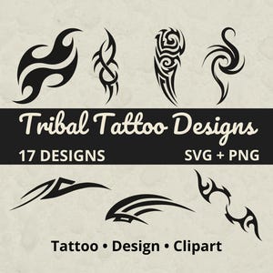 Op de afbeelding: Een verzameling zwarte tribale tattoo-ontwerpen in verschillende vormen en maten. De afbeelding bevat de tekst "Tribal Tattoo Designs", "17 Designs" en "SVG + PNG". Extra tekst luidt "Tattoo • Design • Clipart."