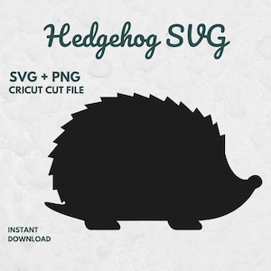 Könnte beinhalten: Schwarze Silhouette eines Igels mit stacheligen Details, beschriftet mit "Hedgehog SVG". Das Bild enthält Text, der darauf hinweist, dass es sich um eine SVG- und PNG-Cricut-Schneidedatei handelt, die sofort heruntergeladen werden kann. Geeignet für Bastelprojekte.