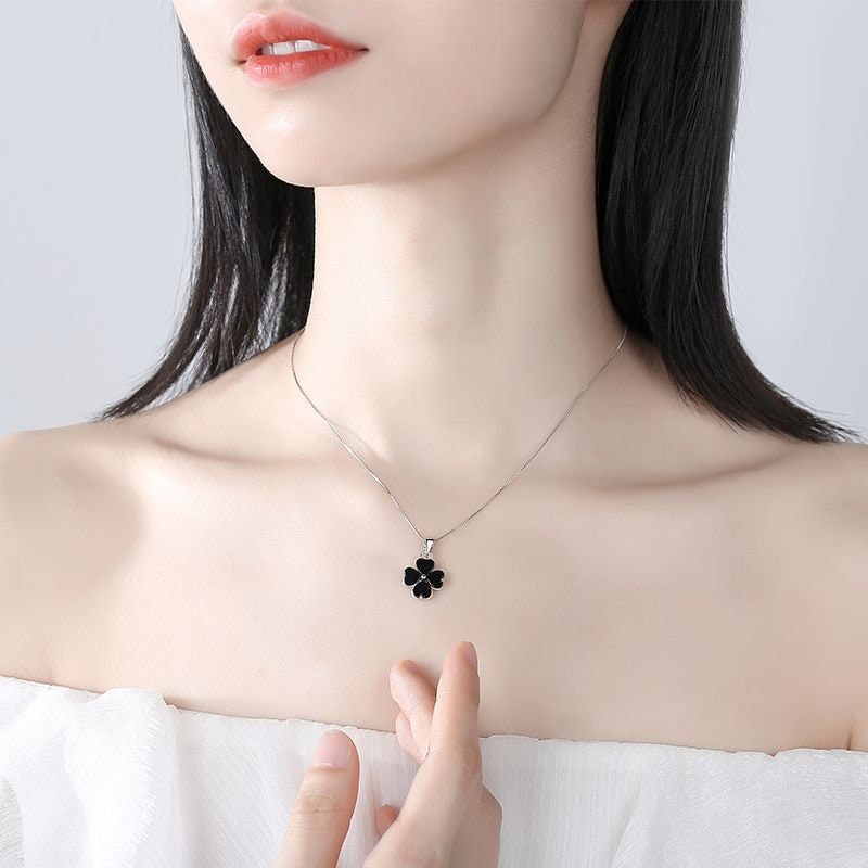 SILVER-TONE BLACK CLOVER NECKLACE  Clover necklace, Silver link chain,  Womens jewelry necklace