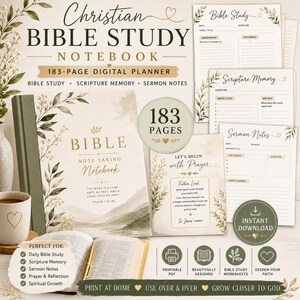 Cuaderno de estudio bíblico cristiano en PDF, planificador de estudio bíblico imprimible, diario de memorización de las Escrituras, cuaderno de notas de sermones, diario de fe