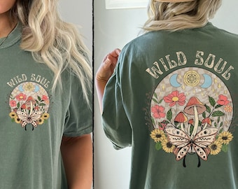 Boho Floral Comfort Colors Hippie Tee, Stay Wild Moon Child Shirt, Celestial Lunar Moth Shirt, Retro 70s Oversized Tee, Hippie Clothes
