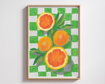 Oranges Art Print | Original Oil Pastel Drawing | Sweet, Pretty Birthday Gift | Kitchen / Dining / Kids Bedroom Art | Quirky Artwork