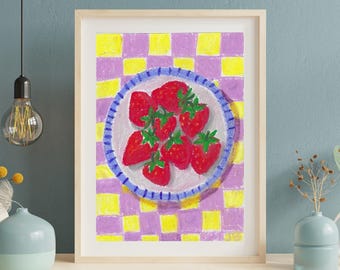 Strawberry Art Print | Original Oil Pastel Drawing | Sweet, Pretty Birthday Gift | Kitchen / Dining / Kids Bedroom Art | Quirky Artwork