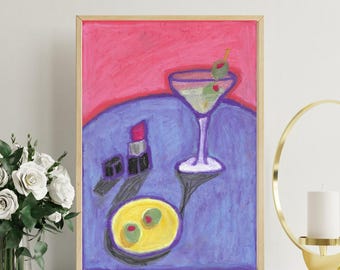 Dirty Martini and Lipstick Art Print | Original Oil Pastel Drawing | Sweet, Pretty Birthday Gift | Art | Quirky Artwork | Maximalist