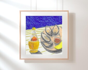 Oysters and Chianti Art Print | Original Oil Pastel Drawing | Sweet, Pretty Birthday Gift | Kitchen / Dining Art | Quirky Artwork