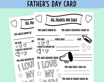 All About My Dad Fill in the Blank Printable for Father's Day, Printable Coloring Page, Father’s Day Gift, Father’s Day Activity for Kids