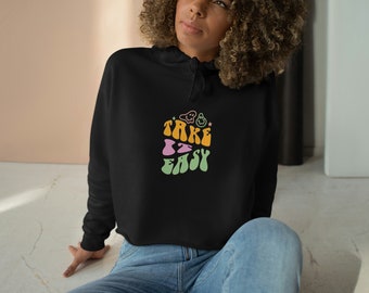 Take It Easy Crop Hoodie, Hippie Crop Top, Smile Face, Groovy Hoodie, Crop Top Hoodie, Smile Face Crop, Boho Crop Top