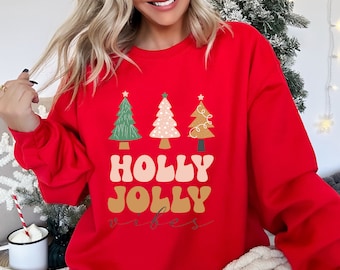 Holly Jolly Vibes Sweatshirt Christmas Sweater Gift for Her Holly Jolly Sweater Holiday Party Sweater Boho Holiday Gift