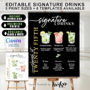 Pode incluir: Um letreiro preto e dourado com receitas de cocktails, incluindo Caipirinha, Mimosa e Mojito. O letreiro também inclui o texto "Signature Drinks", "Cherish at Twenty Fifth" e "Digital Template by neko prints".