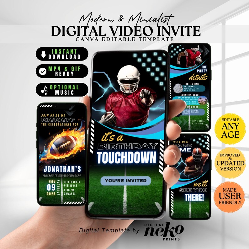 Editable Football Themed Birthday Party Invitation Card Template, Digital Football Birthday Invite, Electronic Sports Birthday Mobile, Sports Birthday Invitation, Editable Event Sports Theme Invite, Any Age, Sporting Event Flyer, Digital Template, Instant Download, First Year Down Invitation, Football 1st Birthday Invitation, Boy 1st Birthday Evite, Sports Birthday Party, Printable Template, Soccer Ticket Birthday Invitation, Soccer Party Kids, Digital Editable Printable by DigitalNekoPrints