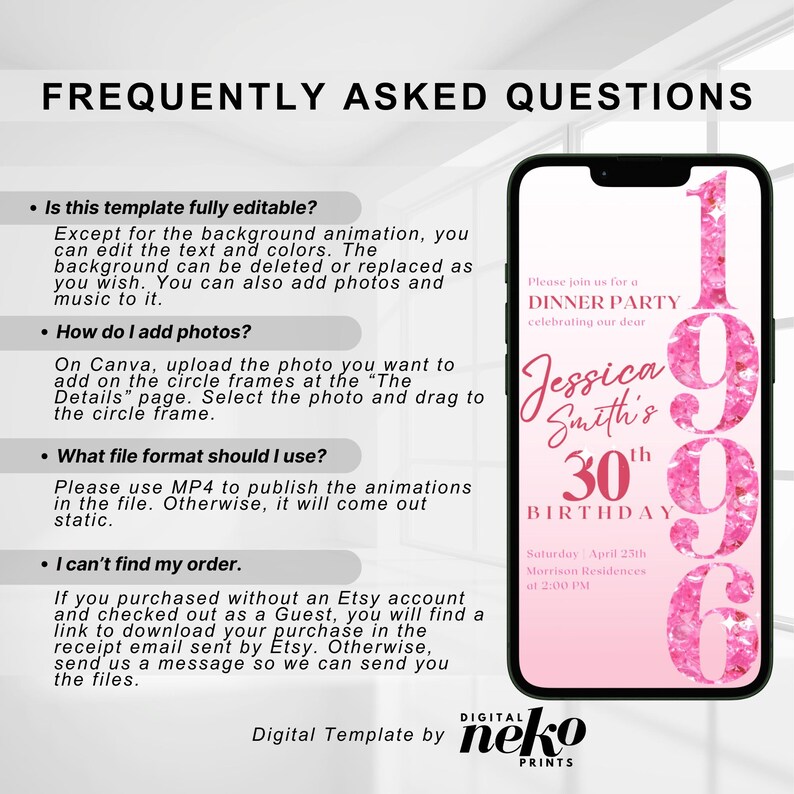 Pink 30th Invite, 30th Birthday Party Invitation, Rose Gold Pink Balloons, Digital 30th Glam Dinner Invite Template, Diamond Video Editable Brunch Itinerary, Digital 30th Birthday Invitation, 30th E-Invite, 30th Birthday Evite, 30th Party Invitation, Digital 30th Invitation, Digital Invitation, Digital 30th Birthday Party Video Invitation, 30th Glam Invite, Animated Black Gold Silver Diamond Evite, Self Editable Itinerary eCard by DigitalNekoPrints